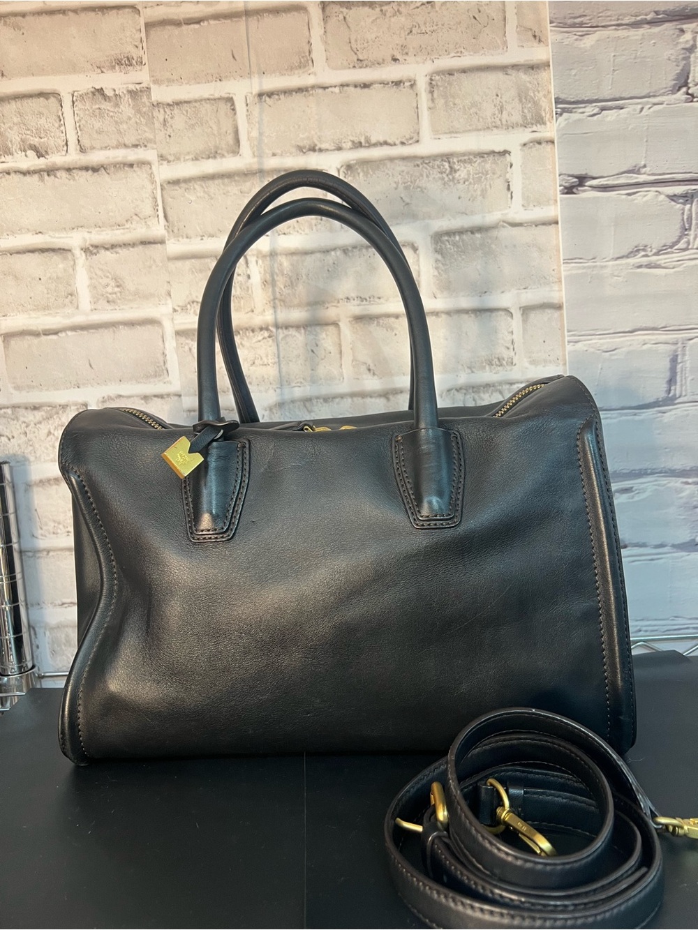 MCMClassic Black Leather Satchel Handbag with Removable Strap